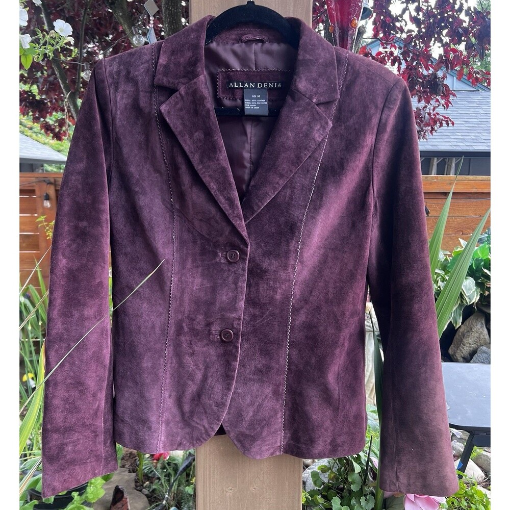 Vintage 90s Allan Denis Burgundy Suede 100% Leather Blazer Jacket Women’s M - Picture 3 of 16